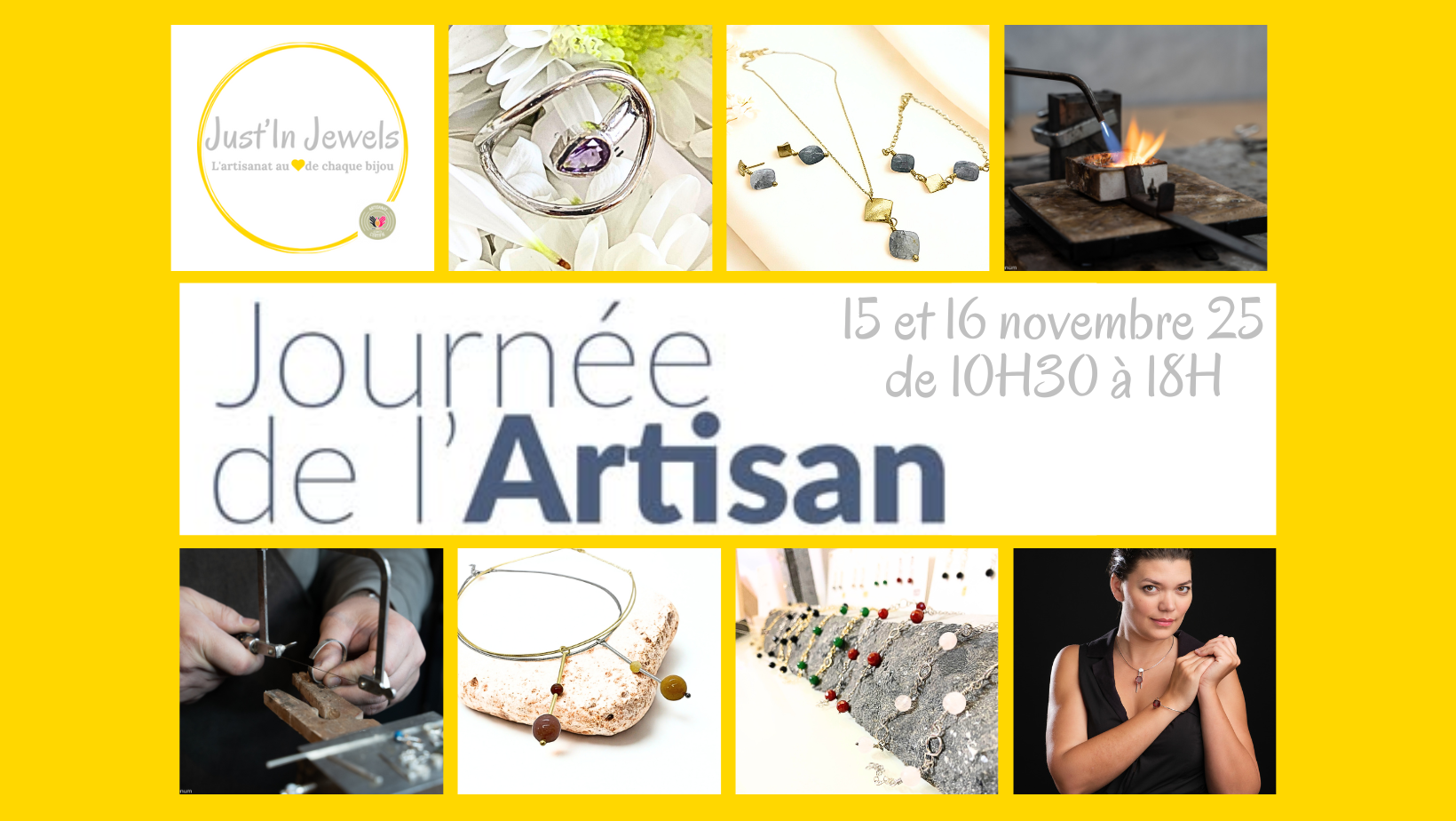 Affiche Journée de l’Artisan – Just’In Jewels, bijouterie artisanale à Ramillies, 15 et 16 novembre 2025.